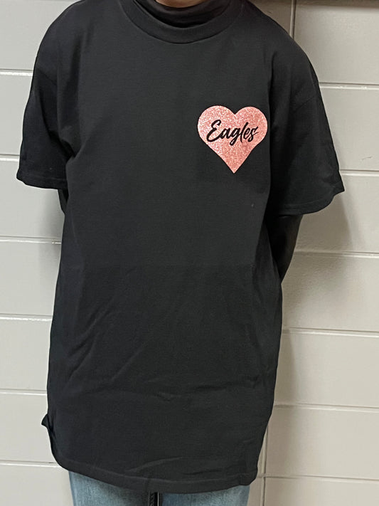 Short Sleeve Eagles Black Valentines Shirt with Pink Sparkle