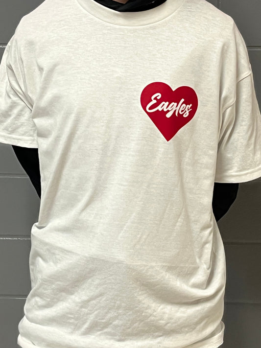 Short Sleeve White Eagles Valentines Shirt with Red Logo
